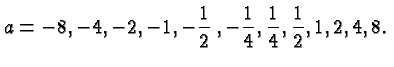 $\displaystyle a=-8,-4,~-2,~-1,~\-\frac{1}{2},~-\frac{1}{4},~\frac{1}{4},~\frac{1}{2}, ~1,~2,~4,~8. $