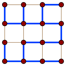 A spanning tree (in blue) for the 4-by-4 grid graph. Kirchoff's Matrix-Tree Theorem tells us that this graph has exactly 100,352 spanning trees. A uniform spanning tree is just a random spanning tree chosen uniformly at random among the 100,352 possible spanning trees.