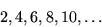 \begin{displaymath}2, 4, 6, 8, 10, \ldots \end{displaymath}