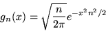 \begin{displaymath}
g_n(x)= { \sqrt{ n \over 2\pi}} e^{ -x^2 n^2/2}
\end{displaymath}