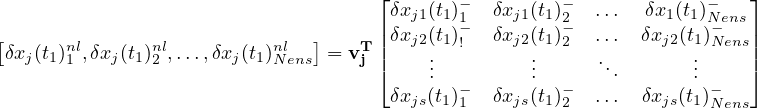                                     ⌊δx  (t)−  δx  (t)−  ...  δx (t )−   ⌋
                                    |δx j1(1t)1−  δxj1(1t)2−  ...  δx 1(1t)N−ens|
[δxj(t1)n1l,δxj(t1)n2l ,...,δxj(t1)nNlens] = vTj||  j2.1 !    j2.1 2  .      j2 .1Nens||
                                    ⌈    ..         ..      ..      ..     ⌉
                                      δxjs(t1)−1  δxjs(t1)−2  ...  δxjs(t1)−Nens
