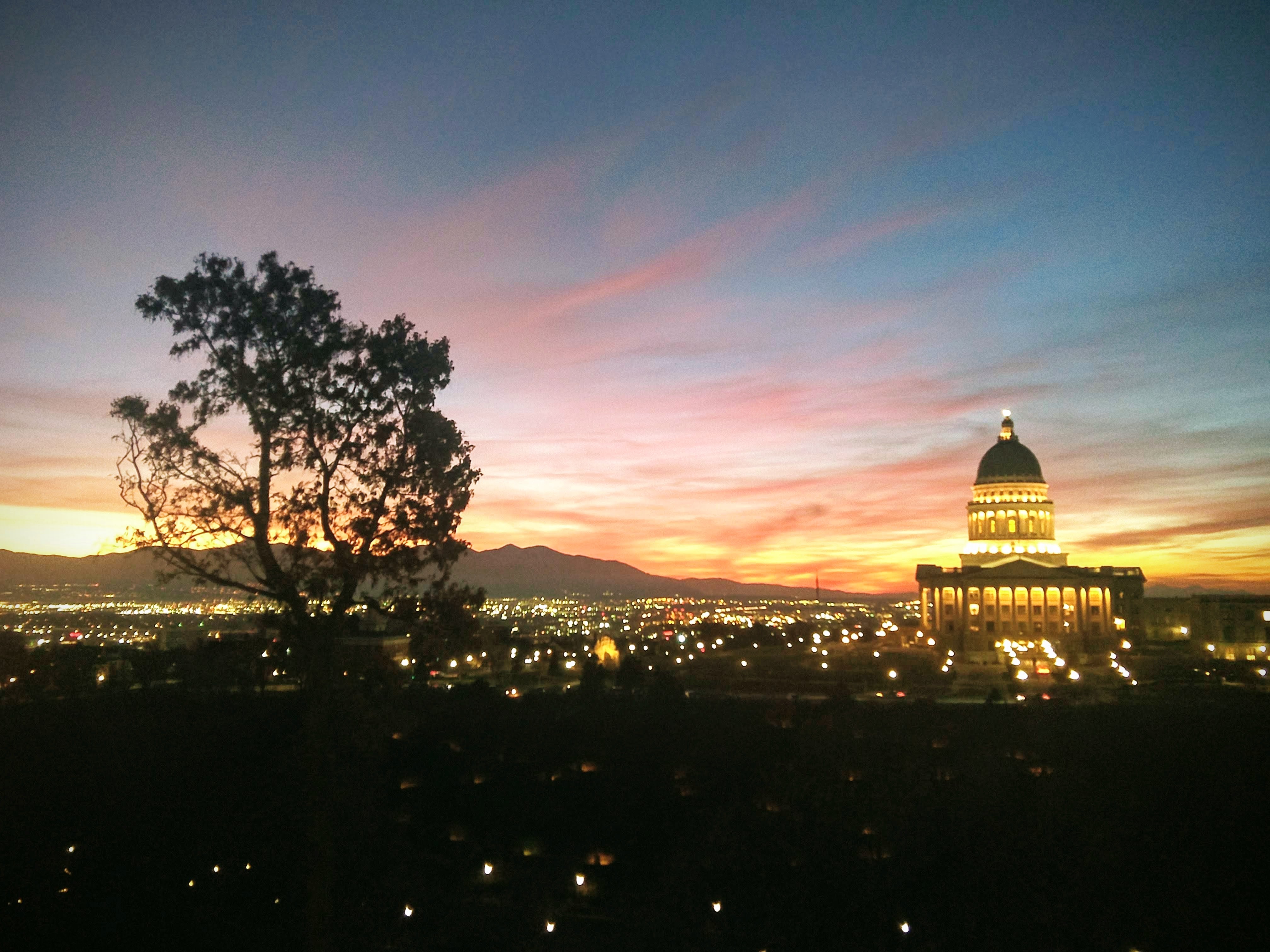 Sunset over the Utah state capitol building.