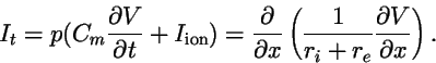 \begin{displaymath}
I_t = p( C_m {\partial V \over \partial t} + I_{\rm ion})=...
...eft({1 \over r_i + r_e} {\partial V \over \partial
x}\right).
\end{displaymath}