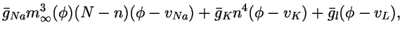 $\displaystyle \bar g_{Na}
m_\infty^3(\phi)(N-n)(\phi-v_{Na})+ \bar g_Kn^4(\phi-v_K) + \bar g_l(\phi-v_L),$