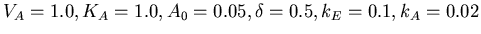 $V_A = 1.0, K_A = 1.0, A_0 =
0.05, \delta = 0.5, k_E = 0.1, k_A = 0.02$