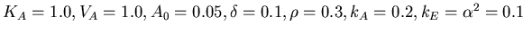 $K_A = 1.0, V_A = 1.0, A_0 = 0.05, \delta = 0.1,
\rho = 0.3, k_A = 0.2, k_E = \alpha^2 = 0.1$