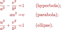 Equations of standard forms of hyperbola, parabola, ellipse.